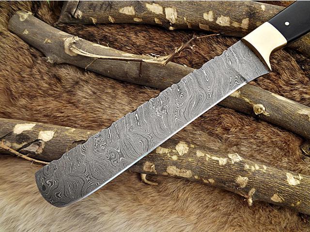 Damascus steel Salmon Knife, Kitchen spatula knife. 13.5' long fixed straight blade, 9' blade Bull horn 5' scale with brass bolster