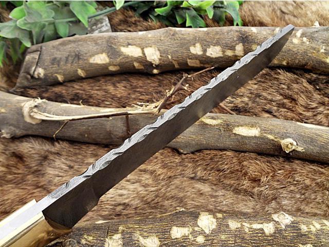 Damascus steel Salmon Knife, Kitchen spatula knife. 13.5' long fixed straight blade, 9' blade Bull horn 5' scale with brass bolster