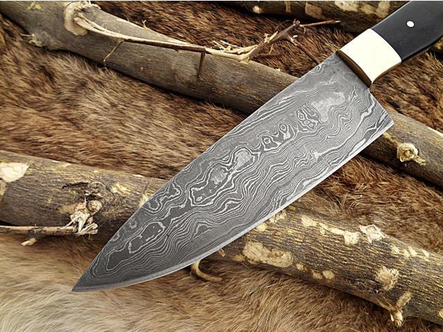 Damascus Steel Kitchen Knife 10 Inches Long Twist Pattern Hand Forged Damascus Steel Blade, Bull Horn and Brass Bolster Scale
