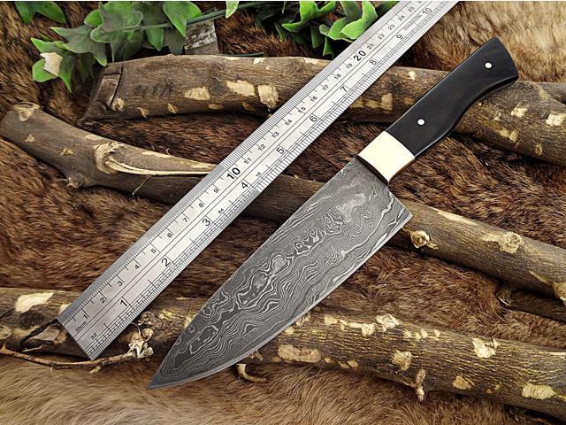 Damascus Steel Kitchen Knife 10 Inches Long Twist Pattern Hand Forged Damascus Steel Blade, Bull Horn and Brass Bolster Scale