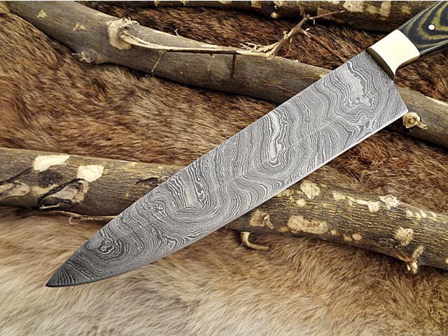 Damascus Steel kitchen Knife 13 Inches full tang 7.5' long Hand Forged blade, 2 Tone Dollar wood and brass bolster scale