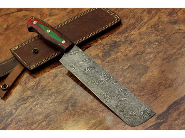 12.5' hand forged Damascus steel Nakiri knife, kitchen knife, vegetable knife, 2 tone Green & Maroon wood scale, Cow hide Leather sheath with belt...