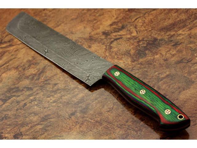 12.5' hand forged Damascus steel Nakiri knife, kitchen knife, vegetable knife, 2 tone Green & Maroon wood scale, Cow hide Leather sheath with belt...