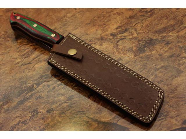 12.5' hand forged Damascus steel Nakiri knife, kitchen knife, vegetable knife, 2 tone Green & Maroon wood scale, Cow hide Leather sheath with belt...