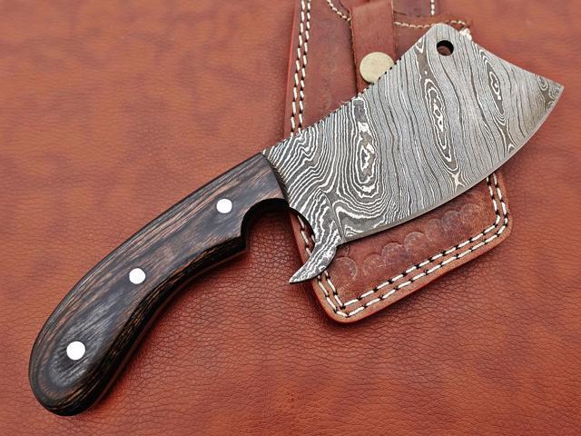 9' long hand forged Twist Pattern Damascus steel Butcher Meat cleaver, Natural walnut wood scale, Cow hide Leather sheath included