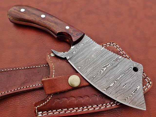 9' long hand forged Twist Pattern Damascus steel Butcher Meat cleaver, Natural walnut wood scale, Cow hide Leather sheath included Brown