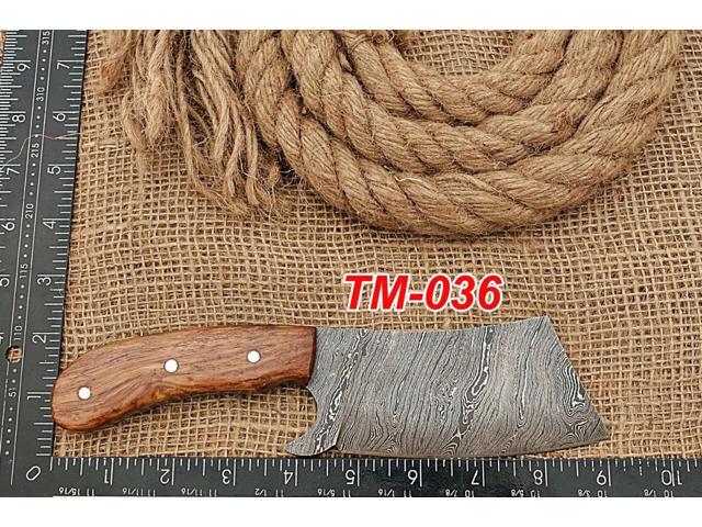 9' long hand forged Twist Pattern Damascus steel Butcher Meat cleaver, Natural walnut wood scale, Cow hide Leather sheath included Brown