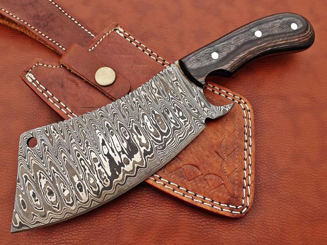 10' long hand forged rain drop Pattern Damascus steel Butcher Meat cleaver, Natural walnut wood scale, Cow hide Leather sheath included (Black)