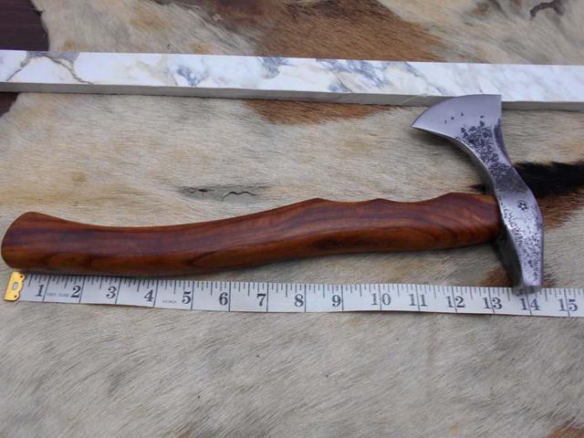 Damascus Depot Camper Axe, 14 Inches Long Hand Forged Carbon Steel with Rose Wood Round Handle Bearded Hiking Battle Axe, Thick Cow Hide Leather...
