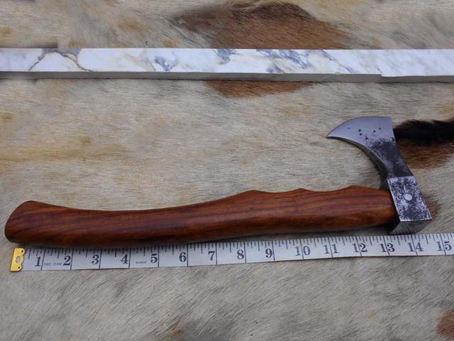 High carbon steel tomahawk Axe Bearded hiking battle axe 15 Inches long with Rose wood round handle, thick cow hide leather sheath