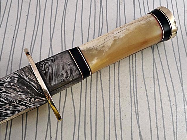13 Inches long Damascus steel custom made hunting dagger Knife camel bone, Bull horn & bolster scale Hand Forged cow hide leather sheath