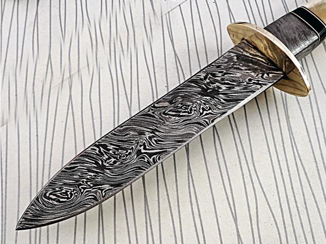 13 Inches long Damascus steel custom made hunting dagger Knife camel bone, Bull horn & bolster scale Hand Forged cow hide leather sheath