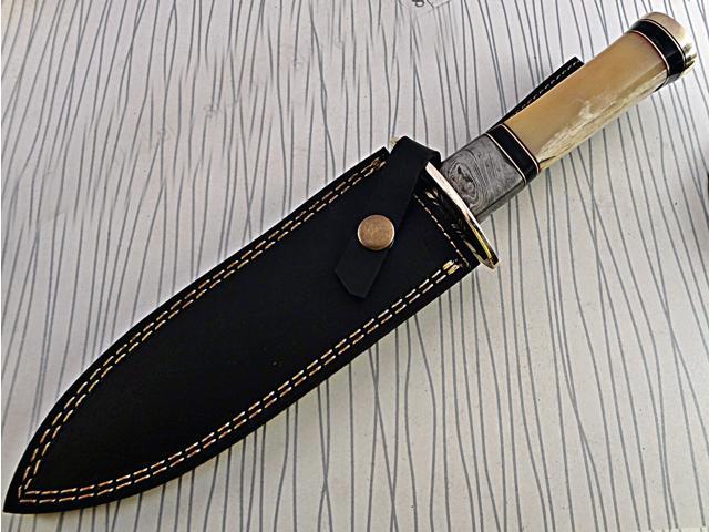 13 Inches long Damascus steel custom made hunting dagger Knife camel bone, Bull horn & bolster scale Hand Forged cow hide leather sheath
