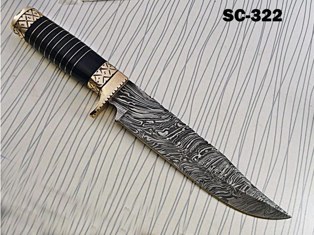 13.5 Inches long Damascus steel custom made bowie Knife bull horn with engraved brass scale Hand Forged 8' blade cow hide leather sheath