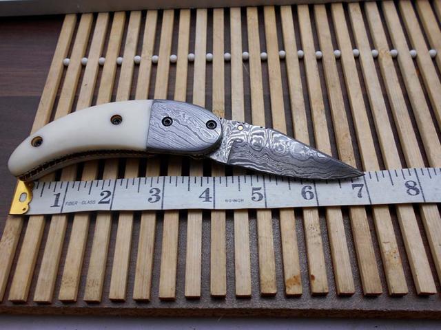 7'long Damascus steel Folding Knife with camel bone scale custom made 3' Hand Forged blade cow hide leather sheath