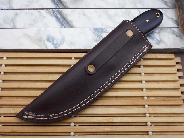 9 Inches long full tang Hand Forged Damascus steel custom made hunting Knife Bull horn scale with bolster 4' blade cow hide leather sheath