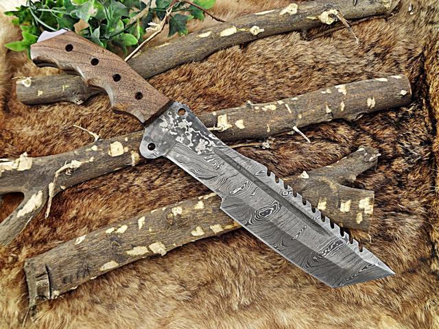 14' Long hand forged Damascus steel tracker knife full tang Tanto blade, Natural rose wood scale with hole, cow hide leather sheath