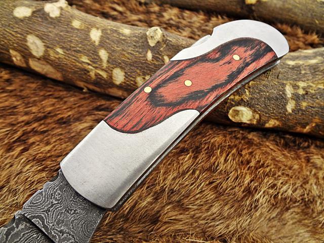 6.5 ' Damascus steel Folding Knife, 2 tone Red Dollar wood with steel bolster scale, custom made 3' Hand Forged blade cow leather sheath