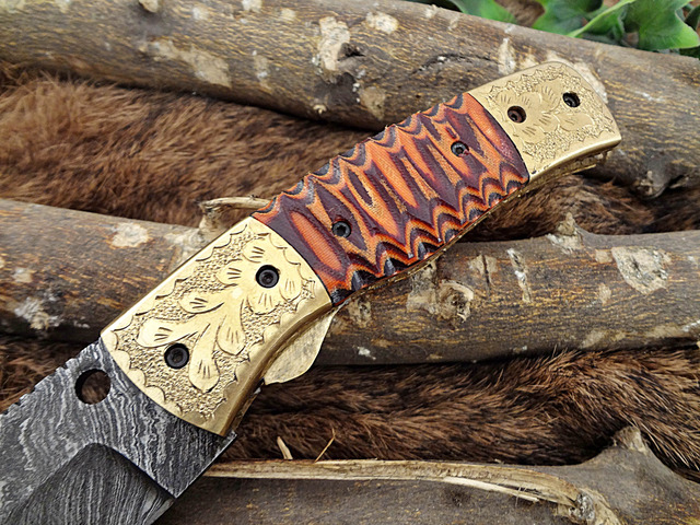 Damascus Steel Tanto blade folding knife (Wine & Orange)