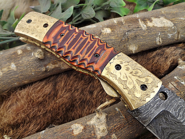 Damascus Steel Tanto blade folding knife (Wine & Orange)