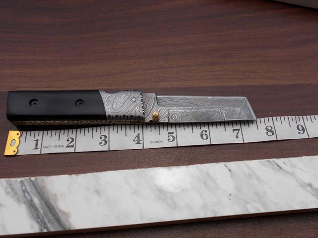 Hand forged Damascus steel Tanto blade folding knife, 7.5' long custom made knife with 3.5' blade & thumb knob, available in various colors scale,...