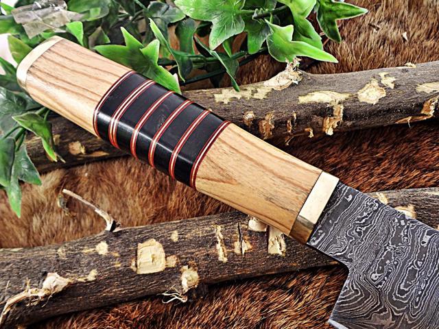 13.5 Inches long custom made Damascus steel chef Knife 8' full tang blade Kow wood scale with brass spacer and bull horn round scale