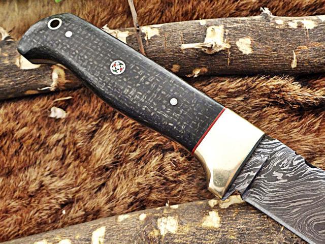 9' Long hand forged Damascus steel Hunting knife, 4' full tang blade, Black Micarta wood Brass bolster, Cow hide Leather sheath
