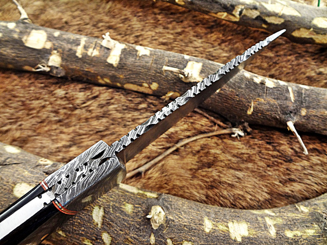 9.25' Long hand forged Damascus steel full tang drop point blade skinning Knife, Buffalo Horn scale with Damascus Bolster Cow Leather sheath