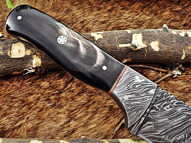 9.25' Long hand forged Damascus steel full tang drop point blade skinning Knife, Buffalo Horn scale with Damascus Bolster Cow Leather sheath