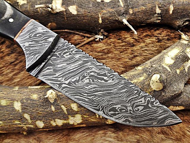 9.25' Long hand forged Damascus steel full tang drop point blade skinning Knife, Buffalo Horn scale with Damascus Bolster Cow Leather sheath
