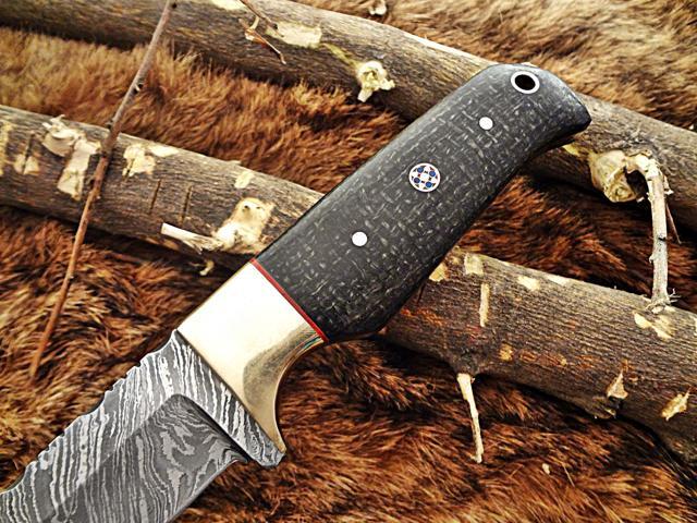 8' Long hand forged hunting Knife, 4' full tang Damascus steel blade, 2 tone Micarta wood with inserting hole, Cow hide Leather sheath