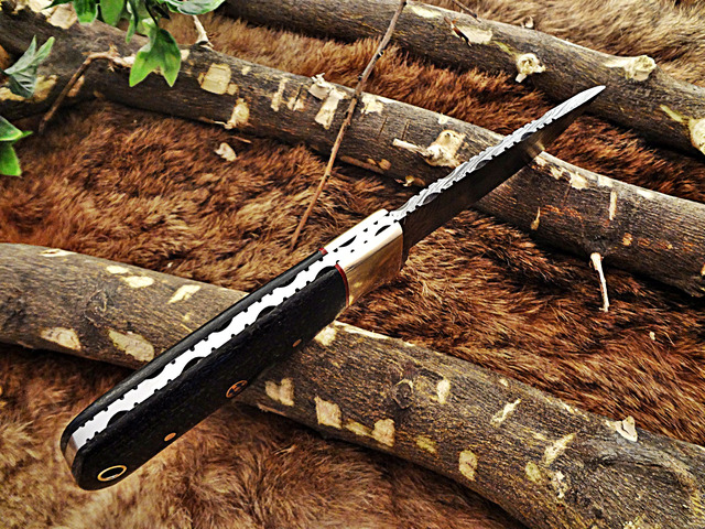 8' Long hand forged hunting Knife, 4' full tang Damascus steel blade, 2 tone Micarta wood with inserting hole, Cow hide Leather sheath