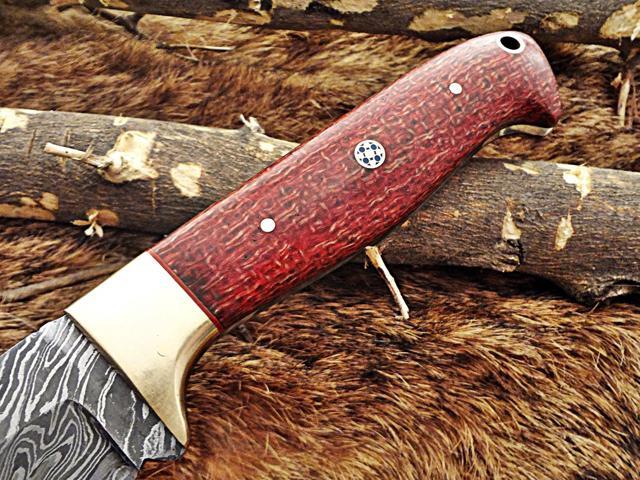 9.5' Long hand forged Hunting knife, 4.5' full tang Damascus steel drop point blade, Red Micarta wood scale with hole, Cow leather sheath