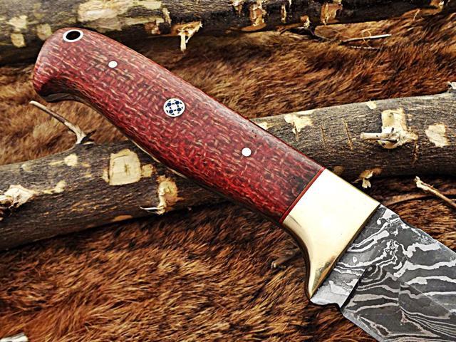 9.5' Long hand forged Hunting knife, 4.5' full tang Damascus steel drop point blade, Red Micarta wood scale with hole, Cow leather sheath