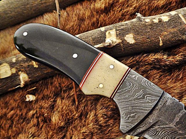 8'Long gut hook skinning Knife, hand forged Damascus steel, full tang blade, Bull horn camel bone & Damascus bolster, cow leather sheath