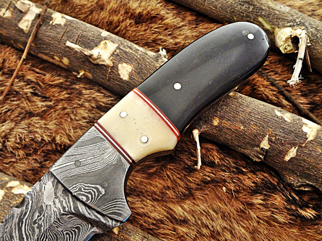 8'Long gut hook skinning Knife, hand forged Damascus steel, full tang blade, Bull horn camel bone & Damascus bolster, cow leather sheath