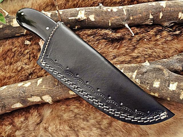8'Long gut hook skinning Knife, hand forged Damascus steel, full tang blade, Bull horn camel bone & Damascus bolster, cow leather sheath