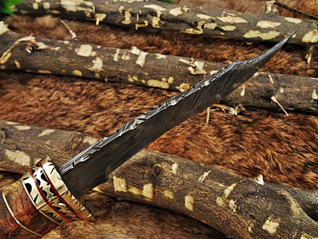 12.5' Long hand forged Damascus steel Hunting Bowie Knife, sliced Rose Wood With engraved Brass cap and finger guard, Cow Leather sheath