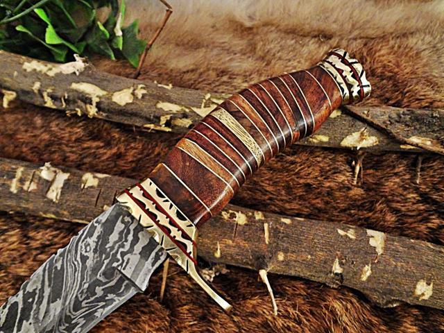 12.5' Long hand forged Damascus steel Hunting Bowie Knife, sliced Rose Wood With engraved Brass cap and finger guard, Cow Leather sheath