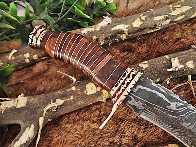 12.5' Long hand forged Damascus steel Hunting Bowie Knife, sliced Rose Wood With engraved Brass cap and finger guard, Cow Leather sheath