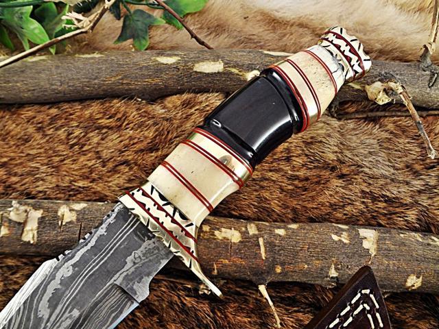 13.5' Long hand forged Damascus steel Hunting Knife, Camel bone, Bull horn and engraved brass round scale, Cow hide Leather sheath