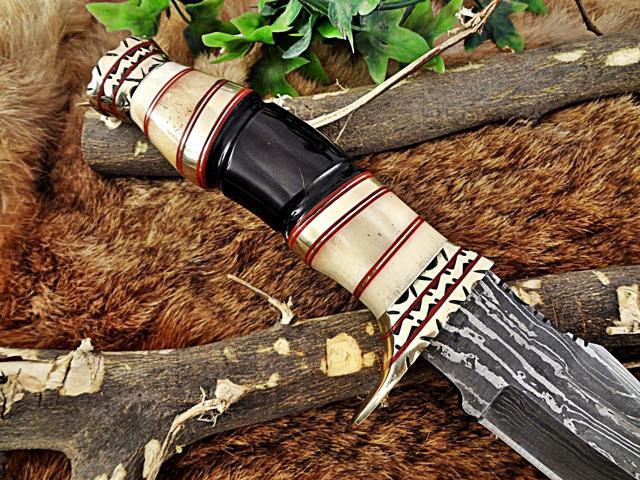 13.5' Long hand forged Damascus steel Hunting Knife, Camel bone, Bull horn and engraved brass round scale, Cow hide Leather sheath