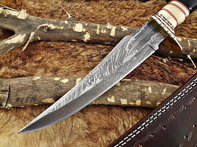 13.5' Long hand forged Damascus steel Hunting Knife, Camel bone, Bull horn and engraved brass round scale, Cow hide Leather sheath
