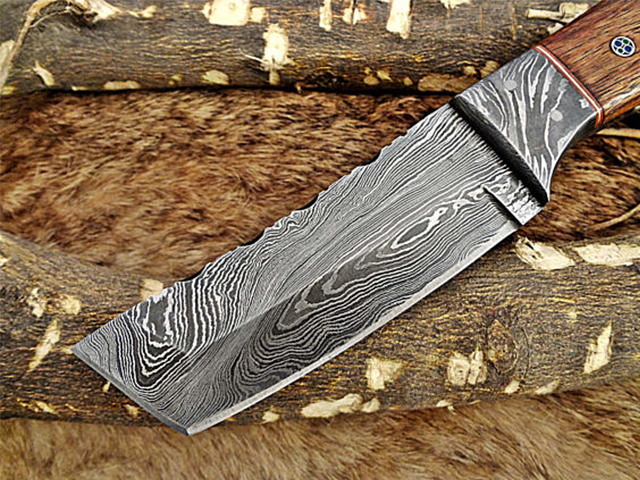 8' Long hand forged Damascus steel full tang Tanto blade custom made hunting Knife, Rose wood with Damascus Bolster, Cow leather sheath