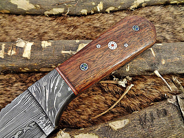 8' Long hand forged Damascus steel full tang Tanto blade custom made hunting Knife, Rose wood with Damascus Bolster, Cow leather sheath