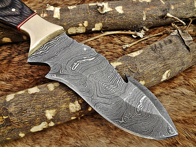 9' Long hand forged Damascus steel full tang skinning Knife with gut hook, 2 tone Dollar wood with Brass Bolster, Cow hide Leather sheath