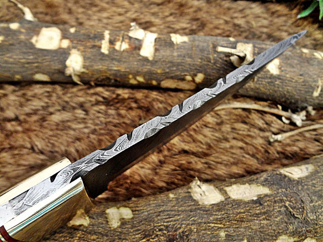 9.5' Long hand forged Damascus steel full tang blade skinning Knife, Natural Rose wood with Brass bolster scale, Cow hide Leather sheath