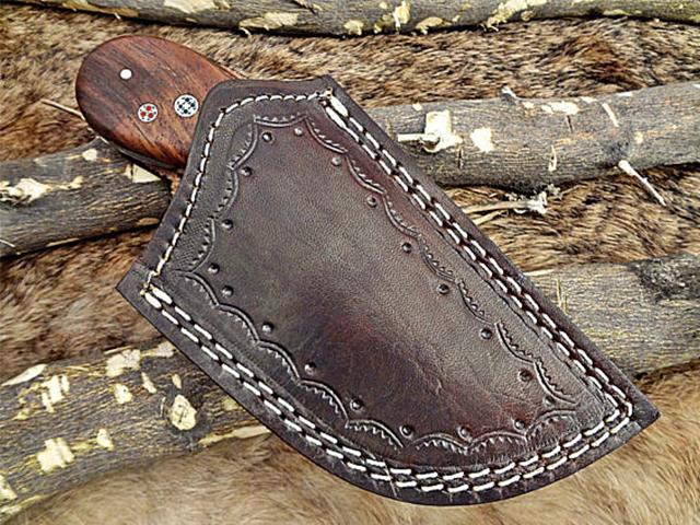 7' long compact Hand Forged Damascus Steel wide blade Knife with 3.5' cutting, Natural Rose wood scale with Bolster cow hide leather sheath