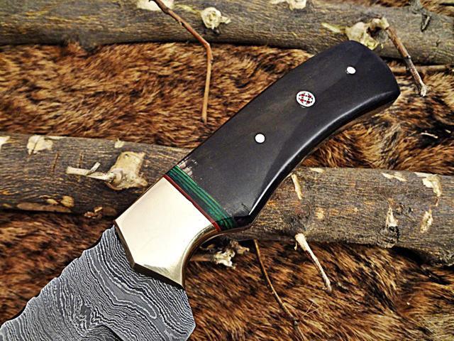 9' Long hand forged Damascus steel full tang Skinning Knife, Natural Bull horn with Brass Bolster scale, Cow hide Leather sheath