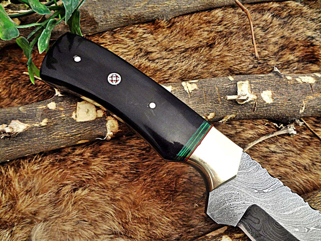 9' Long hand forged Damascus steel full tang Skinning Knife, Natural Bull horn with Brass Bolster scale, Cow hide Leather sheath